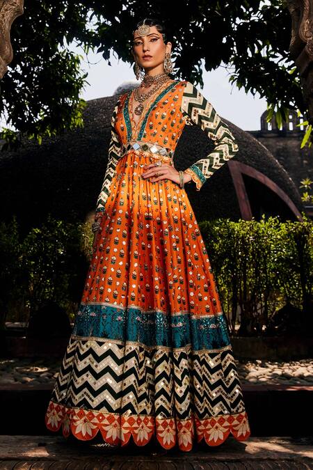 Buy_The Royaleum_Multi Color Anarkali- Upada Silk, Dupatta- Crepe Chevron, Floral, Print With _Online_at_Aza_Fashions