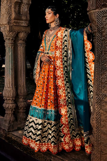 The Royaleum Multi Color Anarkali- Upada Silk Printed Floral Scallop V With Dupatta 