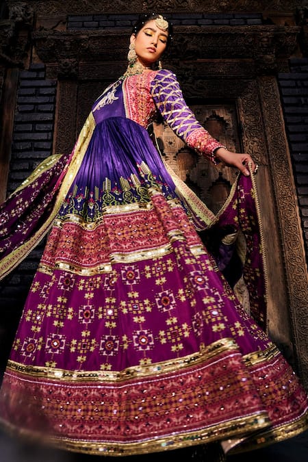 The Royaleum_Purple Anarkali- Upada Silk, Dupatta- Crepe Gota, Pearl, Patola Colorblock With _Online_at_Aza_Fashions