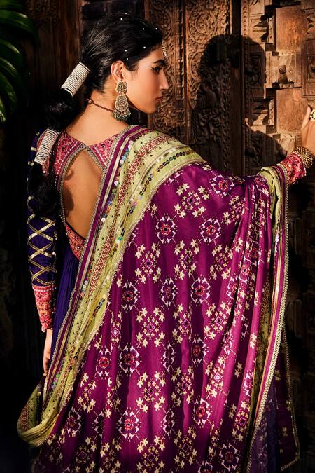 Buy_The Royaleum_Purple Anarkali- Upada Silk, Dupatta- Crepe Gota, Pearl, Patola Colorblock With _Online_at_Aza_Fashions