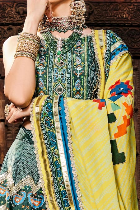 The Royaleum_Green Blouse And Lehenga Upada Silk, Dupatta Crepe Cutdana, Print Bridal Set_Online_at_Aza_Fashions