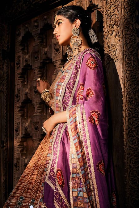 The Royaleum_Brown Anarkali- Upada Silk, Dupatta- Crepe Cutdana, Mirror, Print Cut Out With _Online_at_Aza_Fashions