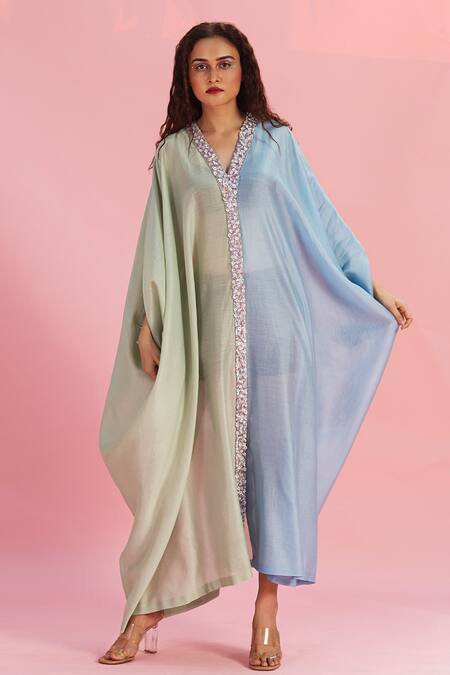 The Aarya_Green Viscose, Chanderi Sequins, Beads V-neck Color Block Kaftan_Online_at_Aza_Fashions