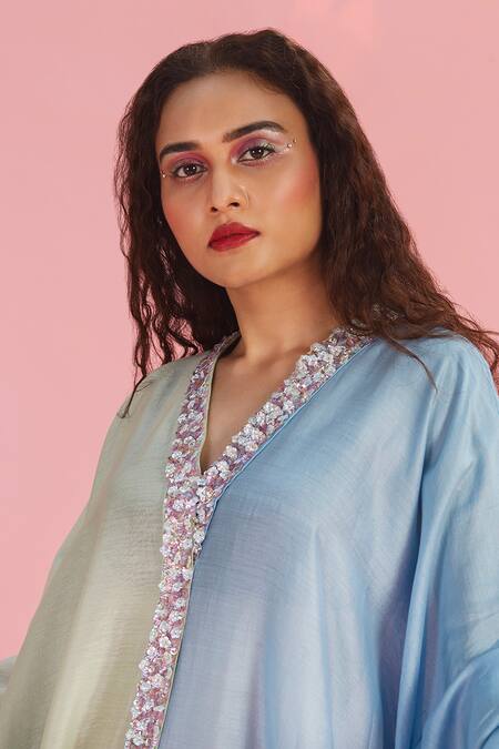 Buy_The Aarya_Green Viscose, Chanderi Sequins, Beads V-neck Color Block Kaftan_Online_at_Aza_Fashions