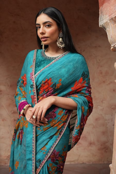 Ruhr India_Blue Viscose Satin, Blouse Velvet , Lining Cotton , Saree With _Online_at_Aza_Fashions