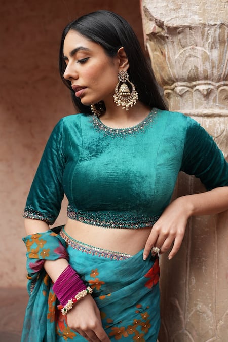 Buy_Ruhr India_Blue Viscose Satin, Blouse Velvet , Lining Cotton , Saree With _Online_at_Aza_Fashions