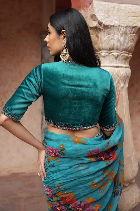 Shop_Ruhr India_Blue Viscose Satin, Blouse Velvet , Lining Cotton , Saree With _Online_at_Aza_Fashions