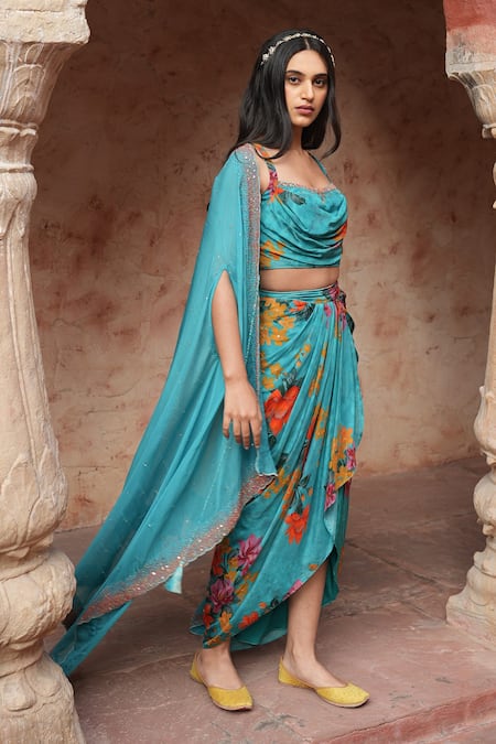 Ruhr India_Blue Silk Organza Sequin And Bead Work Open Hand Embroidered Cape_Online_at_Aza_Fashions