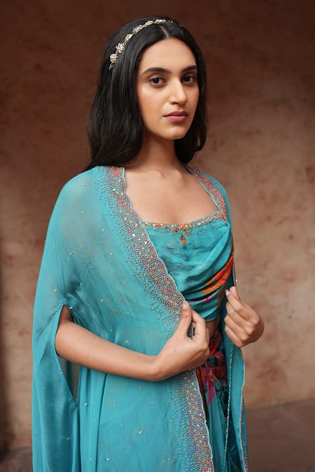 Buy_Ruhr India_Blue Silk Organza Sequin And Bead Work Open Hand Embroidered Cape_Online_at_Aza_Fashions