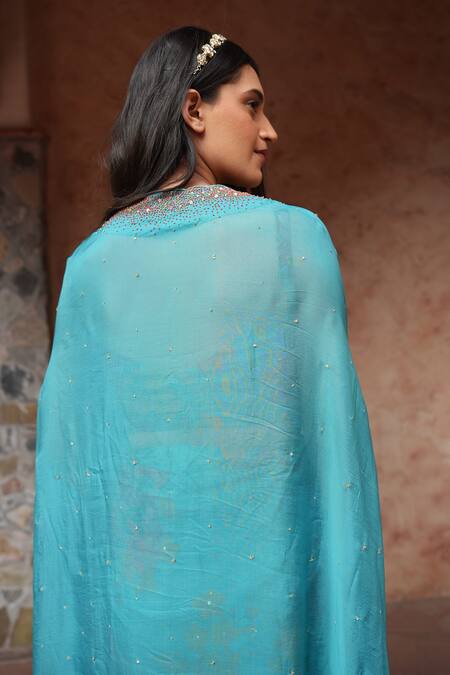 Shop_Ruhr India_Blue Silk Organza Sequin And Bead Work Open Hand Embroidered Cape_Online_at_Aza_Fashions