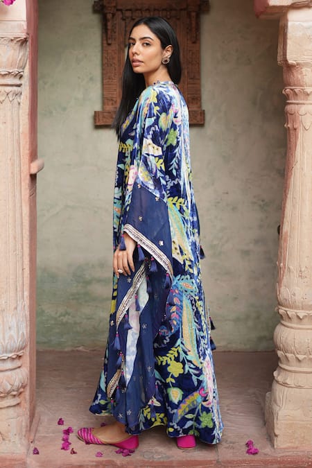 Ruhr India Blue Organza, Silk Velvet Floral Print, Gota And Bead Work V Neck Kaftan Online at Aza Fashions Ruhr India_Blue Organza, Silk Velvet Floral Print, Gota And Bead Work V Neck Kaftan _Online_at_Aza_Fashions