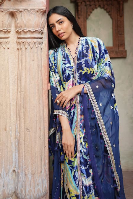 Buy Ruhr India Blue Organza, Silk Velvet Floral Print, Gota And Bead Work V Neck Kaftan Online at Aza Fashions Buy_Ruhr India_Blue Organza, Silk Velvet Floral Print, Gota And Bead Work V Neck Kaftan _Online_at_Aza_Fashions