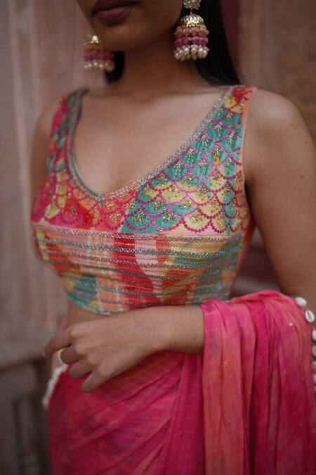 Ruhr India_Multi Color Chinon Chiffon, Lining Lycra Floral Print, Saree With Blouse_Online_at_Aza_Fashions