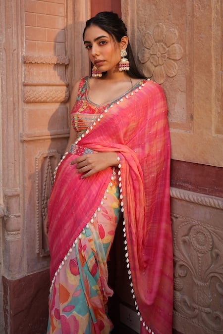 Shop_Ruhr India_Multi Color Chinon Chiffon, Lining Lycra Floral Print, Saree With Blouse_Online_at_Aza_Fashions