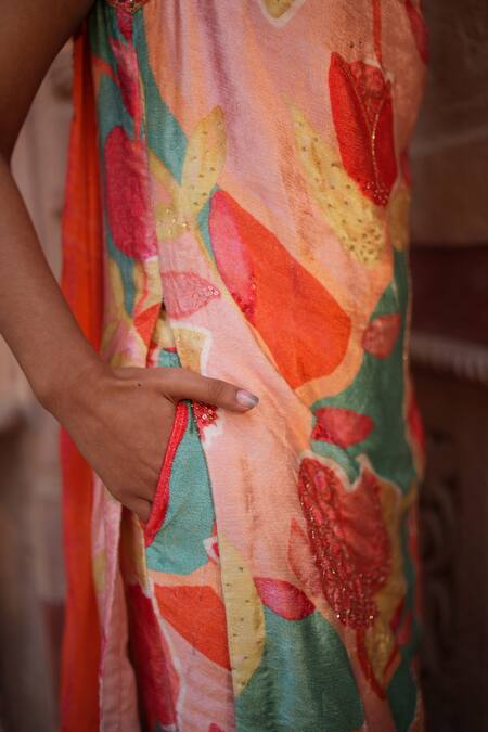 Shop Ruhr India Multi Color Silk Velvet, Chinon, Lining Cotton Voile Floral Kurta Palazzo Set Online at Aza Fashions Shop_Ruhr India_Multi Color Silk Velvet, Chinon, Lining Cotton Voile Floral Kurta Palazzo Set_Online_at_Aza_Fashions