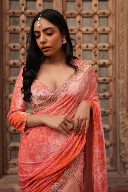 Ruhr India Pink Net, Velvet, Lining Cotton Ombre Embroidered Saree With Blouse Online at Aza Fashions Ruhr India_Pink Net, Velvet, Lining Cotton Ombre Embroidered Saree With Blouse _Online_at_Aza_Fashions