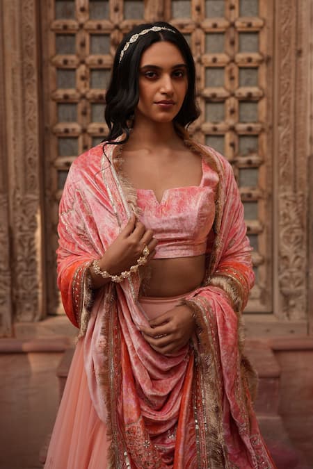 Ruhr India Pink Net, Silk Velvet, Lining Lycra Sequin, Gota Ombre Embroidered Lehenga Set Online at Aza Fashions Ruhr India_Pink Net, Silk Velvet, Lining Lycra Sequin, Gota Ombre Embroidered Lehenga Set_Online_at_Aza_Fashions