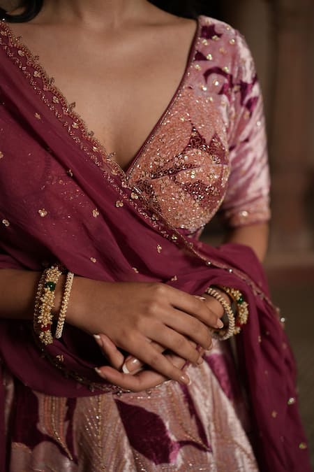 Ruhr India Maroon Organza, Silk Velvet, Lining Taffeta Floral Hand Embroidered Lehenga Set Online at Aza Fashions Ruhr India_Maroon Organza, Silk Velvet, Lining Taffeta Floral Hand Embroidered Lehenga Set_Online_at_Aza_Fashions