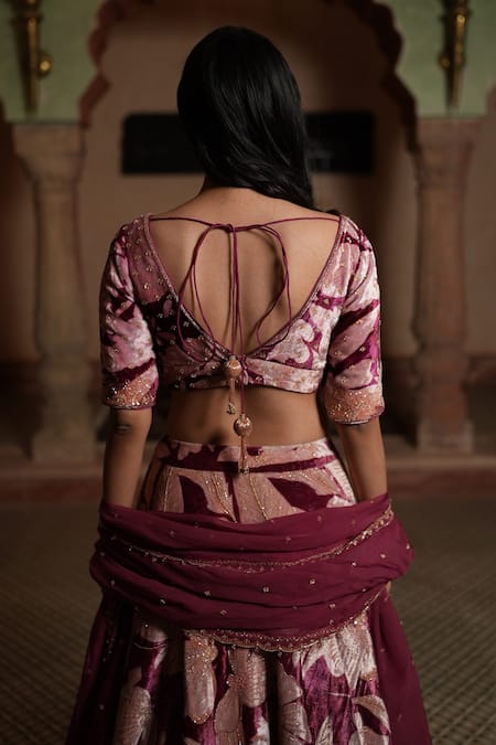 Buy Ruhr India Maroon Organza, Silk Velvet, Lining Taffeta Floral Hand Embroidered Lehenga Set Online at Aza Fashions Buy_Ruhr India_Maroon Organza, Silk Velvet, Lining Taffeta Floral Hand Embroidered Lehenga Set_Online_at_Aza_Fashions