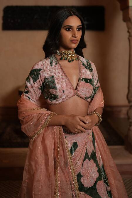 Ruhr India Green Organza, Silk Velvet, Lining Taffeta Floral Hand Embroidered Lehenga Set Online at Aza Fashions Ruhr India_Green Organza, Silk Velvet, Lining Taffeta Floral Hand Embroidered Lehenga Set_Online_at_Aza_Fashions