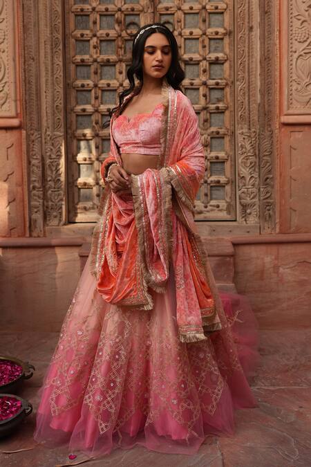 Buy Ruhr India Pink Net, Silk Velvet, Lining Lycra Sequin, Gota Ombre Embroidered Lehenga Set Online at Aza Fashions Buy_Ruhr India_Pink Net, Silk Velvet, Lining Lycra Sequin, Gota Ombre Embroidered Lehenga Set_Online_at_Aza_Fashions