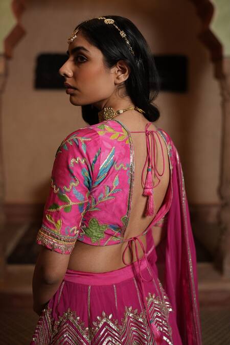 Ruhr India Fuchsia Organza, Linen Satin Floral Print And Gota Work Deep V Neck Lehenga Set Online at Aza Fashions Ruhr India_Fuchsia Organza, Linen Satin Floral Print And Gota Work Deep V Neck Lehenga Set_Online_at_Aza_Fashions