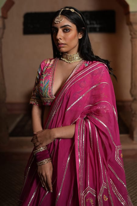 Buy Ruhr India Fuchsia Organza, Linen Satin Floral Print And Gota Work Deep V Neck Lehenga Set Online at Aza Fashions Buy_Ruhr India_Fuchsia Organza, Linen Satin Floral Print And Gota Work Deep V Neck Lehenga Set_Online_at_Aza_Fashions