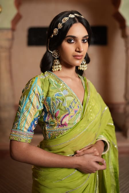 Buy_Ruhr India_Green Linen Satin, Saree Silk Organza Floral Print, Gota, Sequin And With Blouse_Online_at_Aza_Fashions