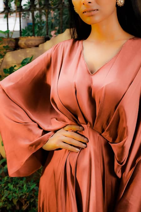 Omana By Ranjana Bothra_Peach Satin Sequins V-neck Rust Flared Gown _Online_at_Aza_Fashions