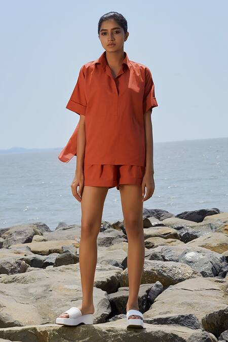 MATI_1_Orange Cotton Collared Ekin Half Sleeve Shirt_Online_at_Aza_Fashions