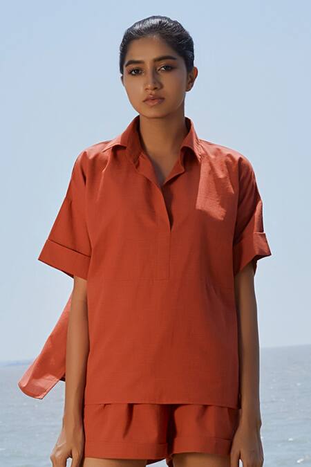 Buy_MATI_1_Orange Cotton Collared Ekin Half Sleeve Shirt_Online_at_Aza_Fashions