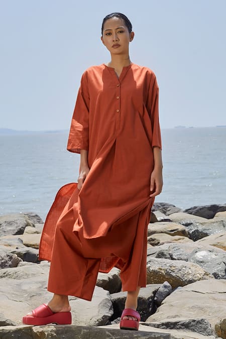 MATI_Orange Cotton V-neck High Low Hem Tunic _Online_at_Aza_Fashions