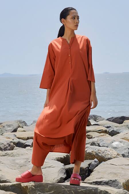 Buy_MATI_Orange Cotton V-neck High Low Hem Tunic _Online_at_Aza_Fashions