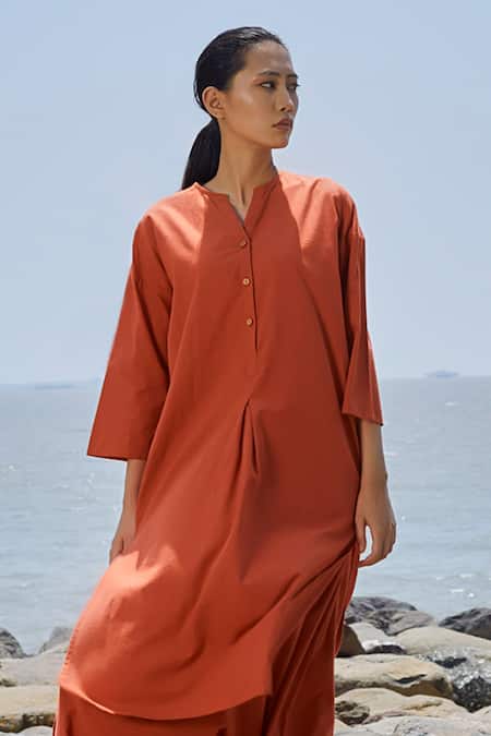 Shop_MATI_Orange Cotton V-neck High Low Hem Tunic _Online_at_Aza_Fashions