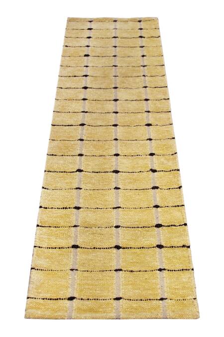Qaaleen_Yellow All Viscose Silk Hand Woven Mayhem Rug_at_Aza_Fashions