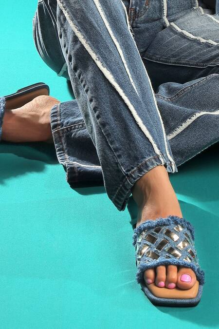 Buy_CRIMZON_Blue Denim Embellished Square Toe Flats_Online_at_Aza_Fashions