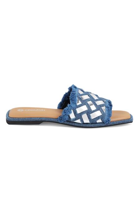 CRIMZON_Blue Denim Embellished Square Toe Flats_Online_at_Aza_Fashions