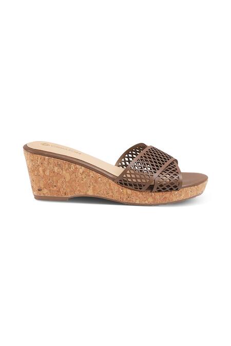 Buy_CRIMZON_Brown Cut Work Trellis Midi Detailed Criss Cross Strap Wedges_Online_at_Aza_Fashions