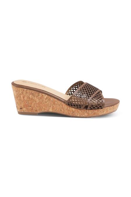 CRIMZON_Brown Cut Work Trellis Midi Detailed Criss Cross Strap Wedges_Online_at_Aza_Fashions