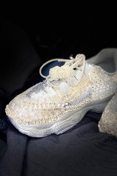 Chal Jooti_Grey Marvellous Maze Crystal Embellished Wedding Sneakers_Online_at_Aza_Fashions