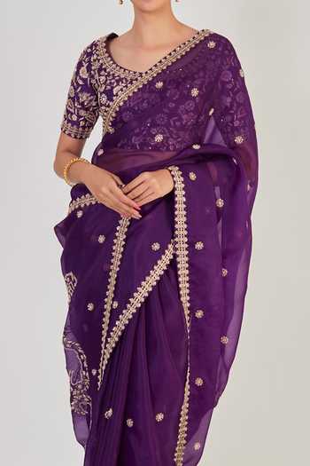 Shop Onaya Purple Organza Zardozi Deep U Neck Embroidered Saree With Blouse Online at Aza Fashions Shop_Onaya_Purple Organza Zardozi Deep U Neck Embroidered Saree With Blouse_Online_at_Aza_Fashions
