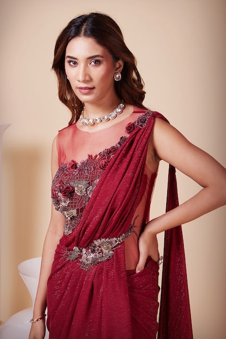 Buy_Saaj By Ankita_Red Georgette Sequins, Crystals Boat Neck Ruby Metallic Embroidered Saree Gown _Online_at_Aza_Fashions
