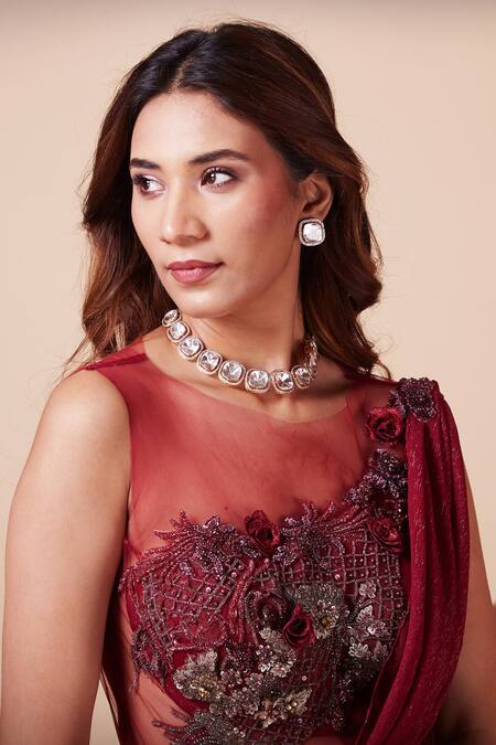 Saaj By Ankita_Red Georgette Sequins, Crystals Boat Neck Ruby Metallic Embroidered Saree Gown _at_Aza_Fashions