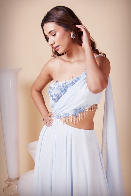 Shop_Saaj By Ankita_Blue Georgette Sequins, Crystals One Shoulder Floral Applique Embroidered Gown _Online_at_Aza_Fashions