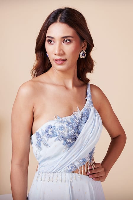 Saaj By Ankita_Blue Georgette Sequins, Crystals One Shoulder Floral Applique Embroidered Gown _at_Aza_Fashions