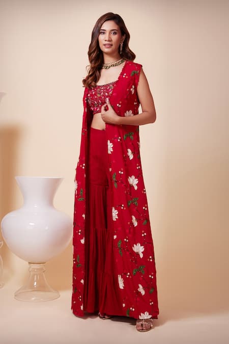 Saaj By Ankita_Red Silk, Chiffon Embroidery, Sequins, Beads Round Neck, Aari Cape Sharara Set _Online_at_Aza_Fashions