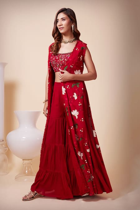 Buy_Saaj By Ankita_Red Silk, Chiffon Embroidery, Sequins, Beads Round Neck, Aari Cape Sharara Set _Online_at_Aza_Fashions
