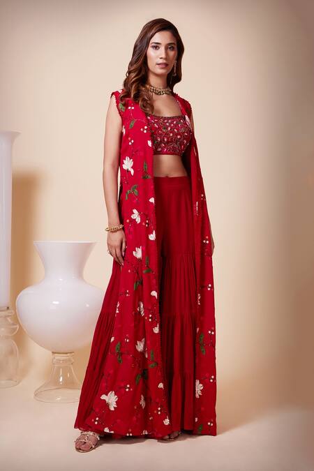 Shop_Saaj By Ankita_Red Silk, Chiffon Embroidery, Sequins, Beads Round Neck, Aari Cape Sharara Set _Online_at_Aza_Fashions