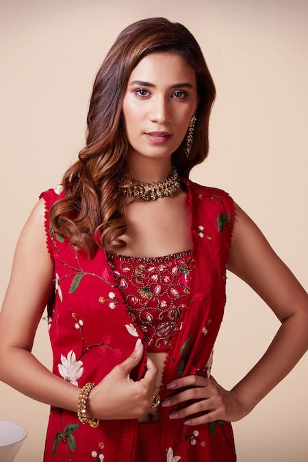 Saaj By Ankita_Red Silk, Chiffon Embroidery, Sequins, Beads Round Neck, Aari Cape Sharara Set _at_Aza_Fashions