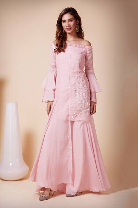 Saaj By Ankita_Pink Georgette Embroidery, Cut Work Off-shoulder Off Kurta And Sharara Set _Online_at_Aza_Fashions